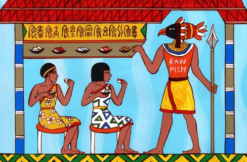 エジプト壁画風 回転寿司の絵